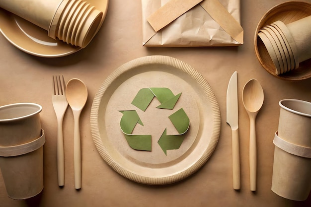 Фото Экологическая одноразовая посуда на ремесленной бумаге с знаком переработки в центре