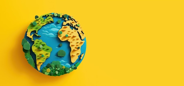 Eco friendly Earth in papercut style yellow background Earth day and World Environment day Generative Ai