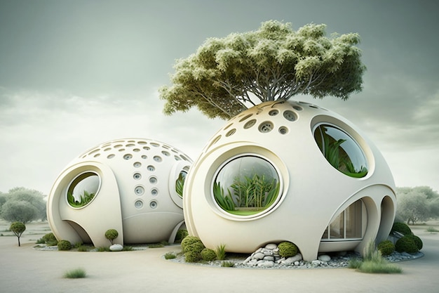 Eco friendly homes of the future on white background Generated AI