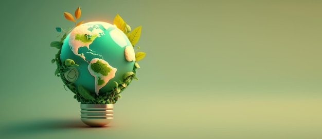 コピー スペース付きの環境に優しい電球バナー持続可能および再生可能エネルギー発電 Ai