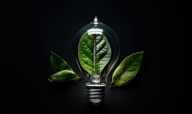 신선한 잎에서 생태 친화적 인 전구: 재생 가능한 에너지와 지속 가능한 생활의 개념