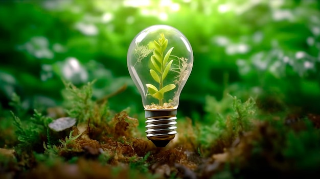 Eco friendly lightbulb from fresh leaves top vie concept of Renewable Energy and Sustainable Living created Generative AI