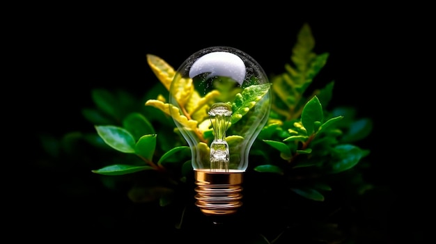 Eco friendly lightbulb from fresh leaves top vie concept of Renewable Energy and Sustainable Living Generative AI illustrator