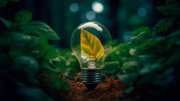 Eco friendly lightbulb from fresh leaves top vie concept of renewable energy and sustainable living generative ai illustrator