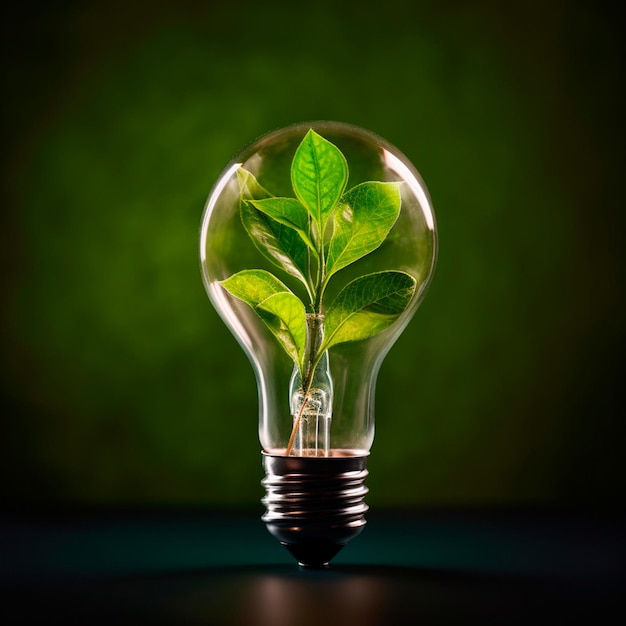 Eco friendly lightbulb from fresh leaves top vie concept of Renewable Energy and Sustainable Living Generative AI