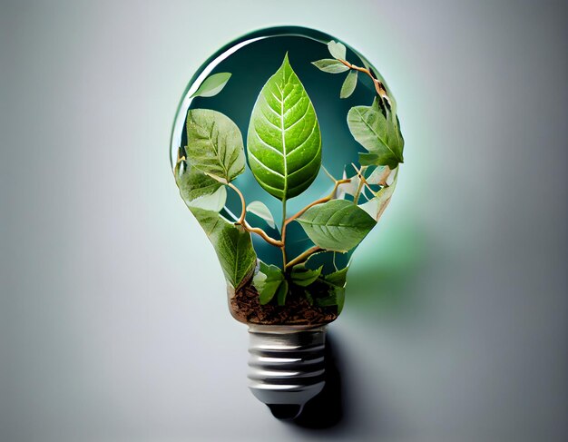 Eco friendly lightbulb from fresh leaves top view concept of Renewable Energy and Sustainable Living Generative AI