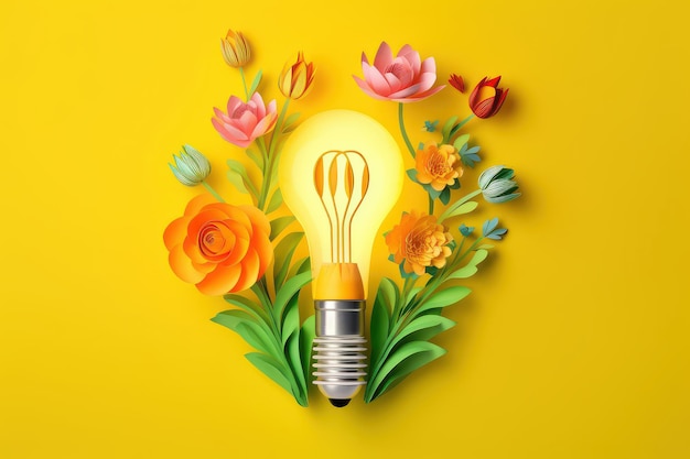 Eco friendly lightbulb with flowers yellow background Renewable and sustainable energy Generative AI