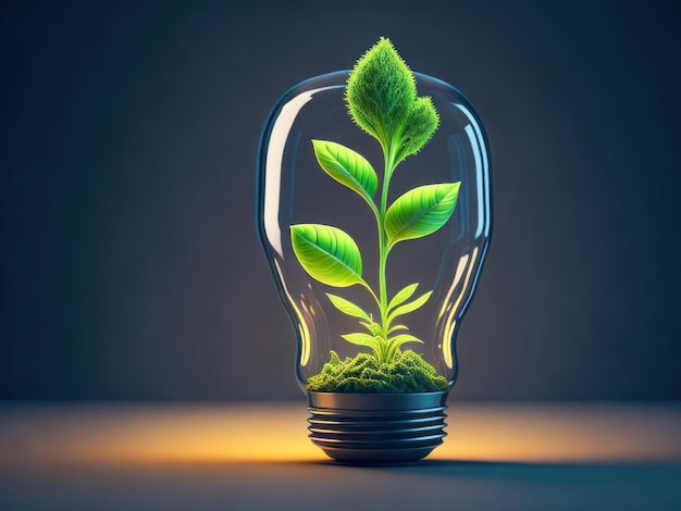 Эко-дружественная лампочка с новой концепцией роста возобновляемой энергии и концепции устойчивой жизни бизнес-энергия в природе в мире Generative Ai