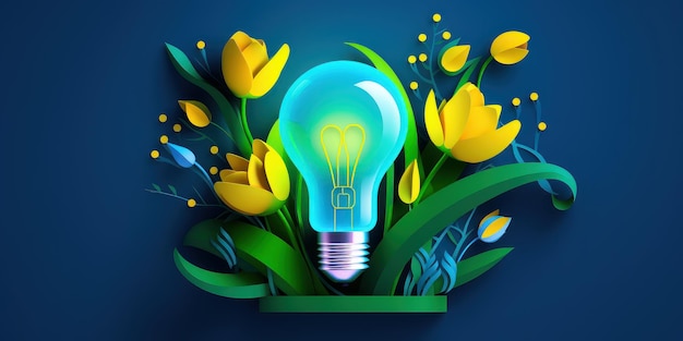 Eco friendly lightbulb with plants blue background Renewable and sustainable energy Generative AI