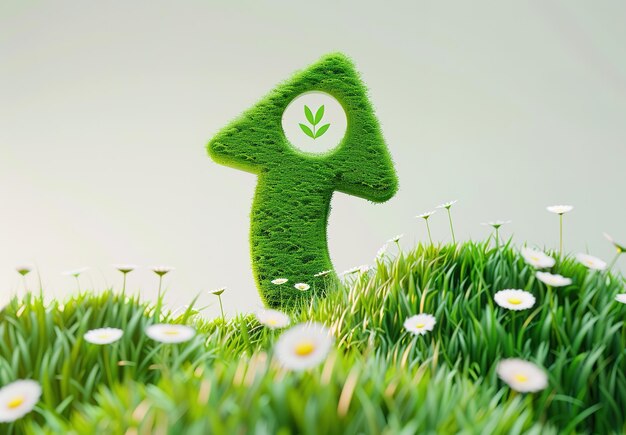 Photo eco friendly living concept green grass arrow symbol with leaf icon pointing up among beautiful meadow