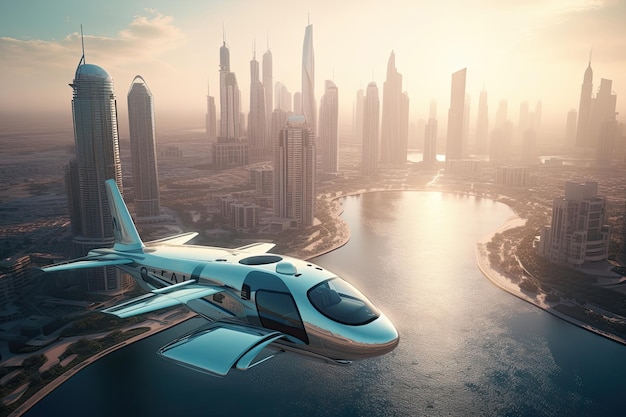 Eco friendly modern and futuristic air taxis flying in modern united arab emirates city generative