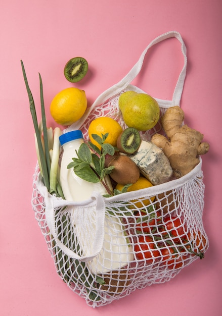 Eco friendly natural bag with organic fruits and vegetables.