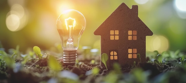 Foto modello di piccola casa ecologica con lampadina per immobili idea concetto di elettricità verde