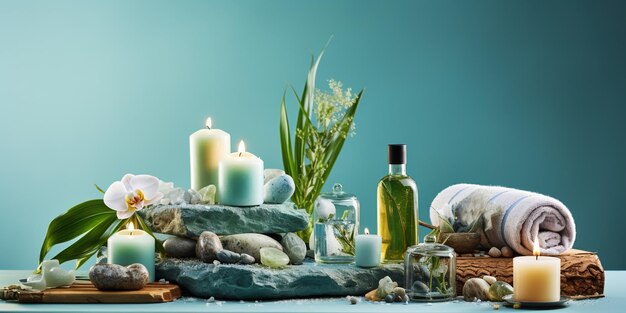 Eco friendly spa relax composition with beauty products serums soap accessories and supplements on blue background Wellness and skin care treatment Concept of me time and self care