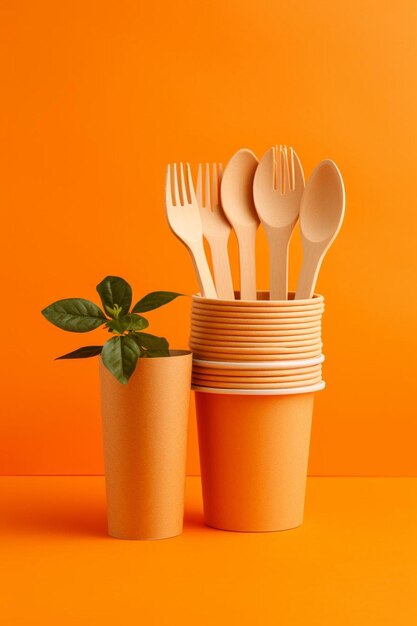 Eco friendly tableware set over orange background with copy space