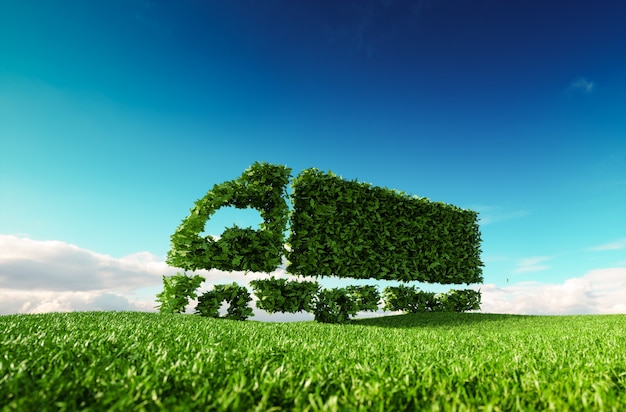 Eco friendly transportation concept. 3d rendering of green green truck icon on fresh spring meadow with blue sky in background.