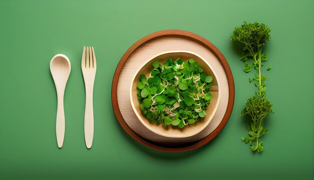 Экологичная деревянная посуда с микрозеленью сверху vi