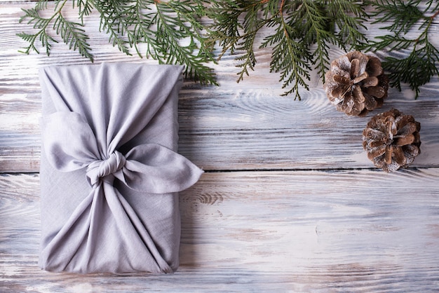 Eco-friendly and zero waste concept, Christmas gift wrapping in fabric.