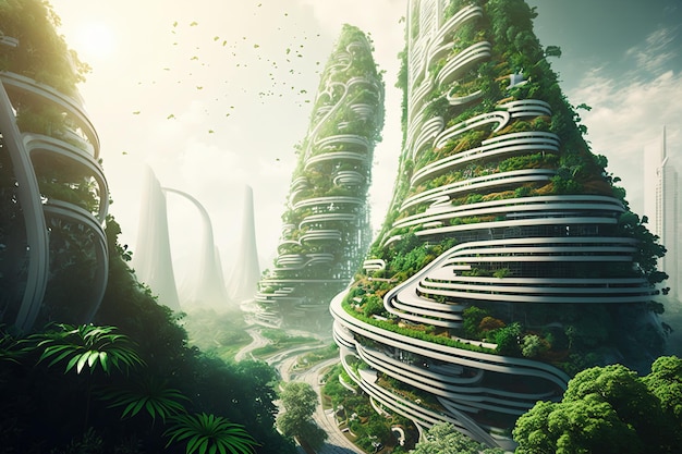 Eco futuristic city filled with trees Future technology river chrome buildings skyscrapers high resolution art generative artificial intelligence