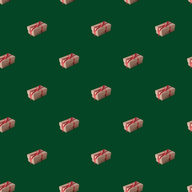 사진 녹색 배경 원활한 패턴에 빨간 리본으로 묶인 에코 선물 상자