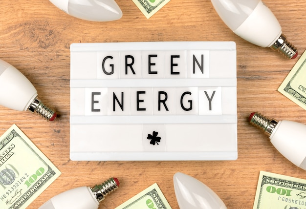 에코 그린 에너지와 에너지 절약, 경제 개념. 라이트박스와 텍스트가 있는 나무 테이블에 있는 LED 전구와 돈