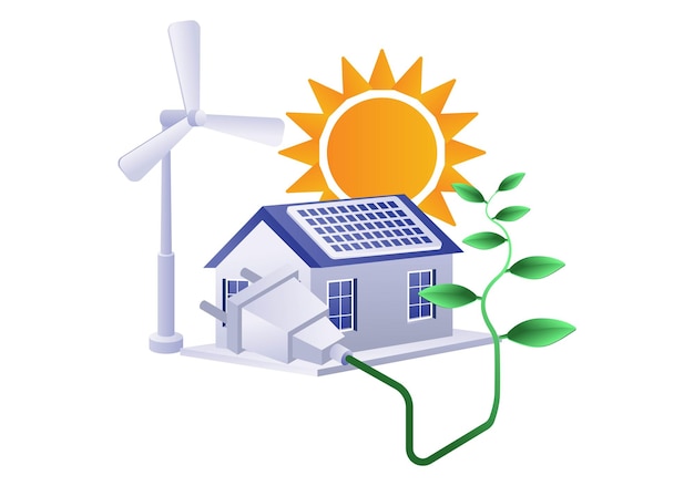Eco-groene infografische illustratie concept van huishoudelijke elektriciteit uit zonnepanelen en windmolenenergie