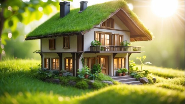 Photo eco house in green environment miniture house