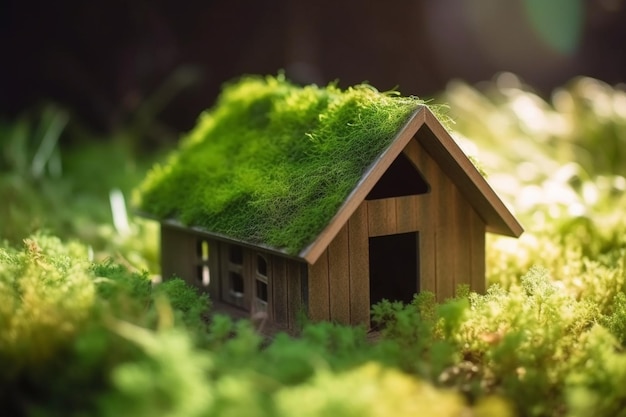 Eco house Green and environmentally friendly housing concept Miniature wooden house in spring