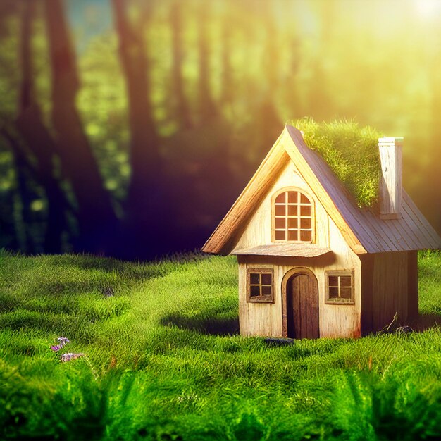 Eco house made of wood 3d illustration cute small toy as concept of new green life in sustainable