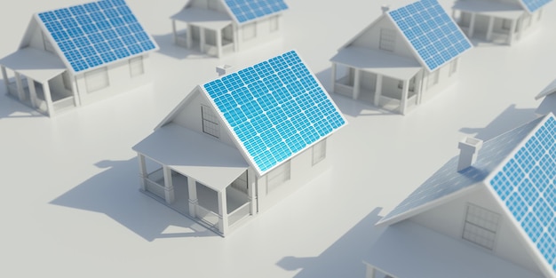 Eco house with sun solar panel on roof on white background\
overhead view 3d render