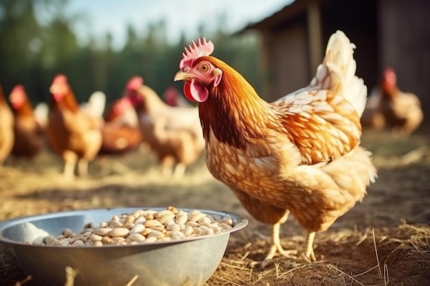 Eco-kippenboerderij Vrije kippen eten voer en graan