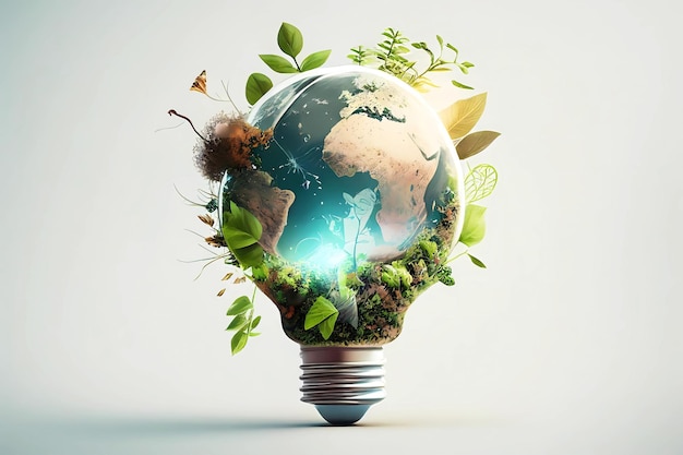 Eco lightbulb with earth globe Generative ai design concept