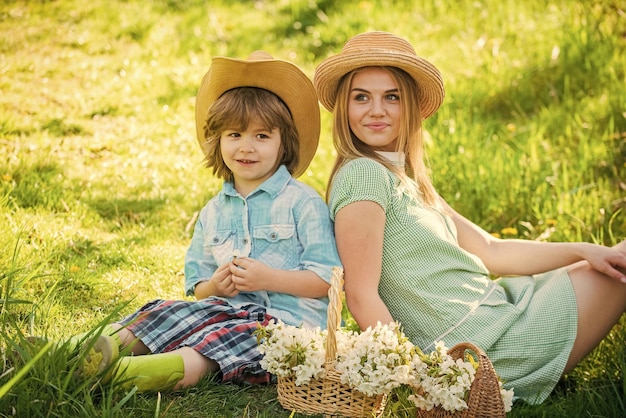 Eco living Love and respect motherland Weekend leisure Explore nature Mother and son relaxing Spring holiday Good vibes Spring season Happy holidays Cowboy family collecting spring flowers