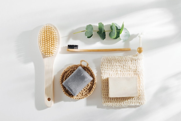 Eco natural bathroom accessories, natural cosmetics products and tools. Zero waste concept. Plastic free. Flat lay, top view