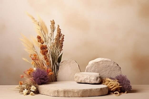 Eco podium with dried flowers on a beige background Organic product display