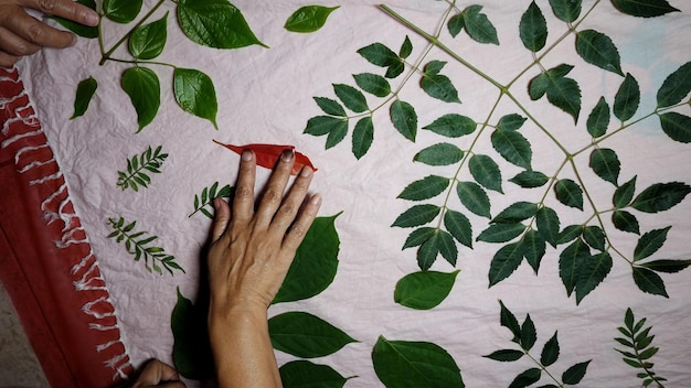 Photo eco print making traditional batik crafts with natural processes coloring and motifs with  leaves