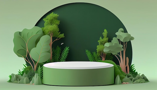 녹색 자연과 열대 식물 잎 나무가 있는 에코 제품 배너 연단 플랫폼 무대 받침대