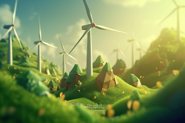 Eco renewable energy wind generators in nature Cartoon illustration