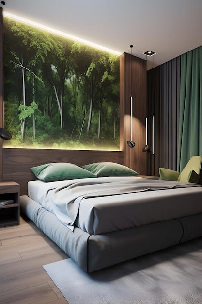 Eco style bedroom interior with bed in modern house