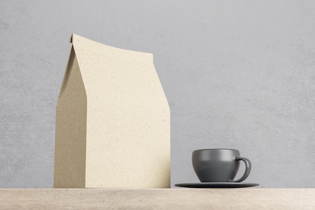 Eco style kraft paper coffee package with copyspace for your logo with black mug on light wooden surface Mockup