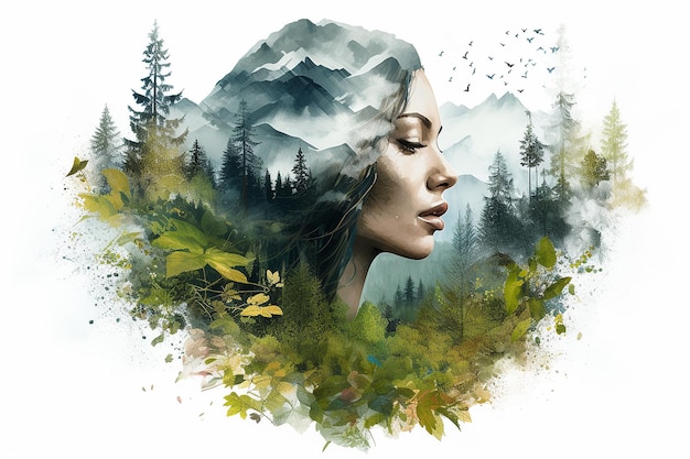 Eco style life Mental health support Watercolor illustration of young woman with green forest