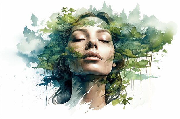 Eco style life Mental health support Watercolor illustration of young woman with green trees