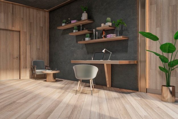 Armadio illuminato dal sole in stile ecologico con pavimento in legno ed elegante tavolo da lavoro con moderna pianta verde per laptop e poltrona retrò rendering 3d