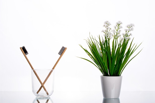 Eco toothbrushes made of wood in a glass glass on a table with a green branch