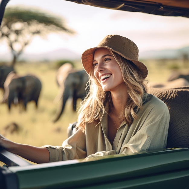 Eco travel and responsible tourism Woman tourist on a safari in Africa traveling by car with an open