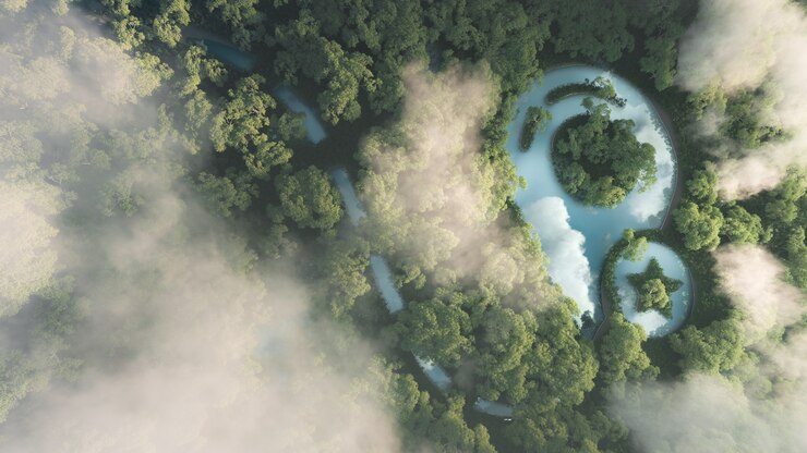 Photo eco travelling concept. 3d rendering of dense misty amazonian rainforest with map point sign in a shape of pond.