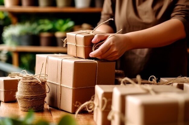 Эко-продавец переходит на зеленую упаковку в картонную коробку для посылок в чистом магазине с нулевыми отходами, азиатский продавец, розничный магазин ai