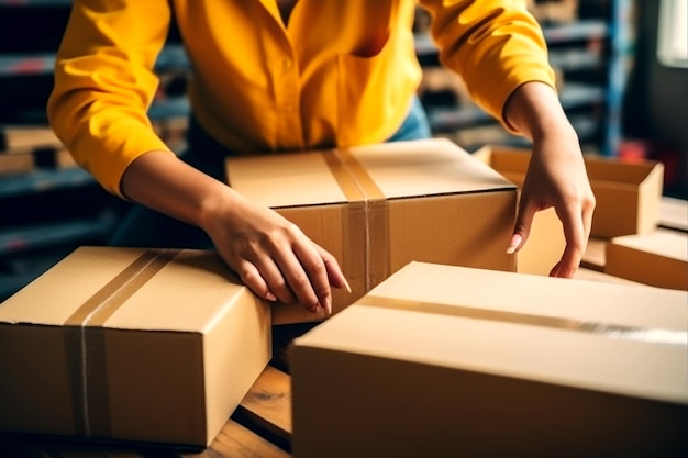 Eco-verkoper ga groene verpakking pakket kartonnen doos in netto nul afval winkel aziatische verkoper winkel aarde zorg dag kleine mkb eigenaar azië mensen wikkelen hergebruik bruin papier pak cadeau verminderen plastic gratis bestelling