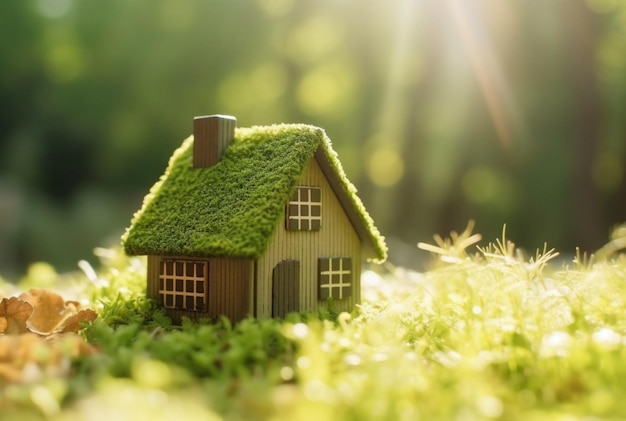 Eco-vriendelijk huis in mos in de tuin Miniatuur houten huis in lentegras Huis in zonnig gras generatieve ai