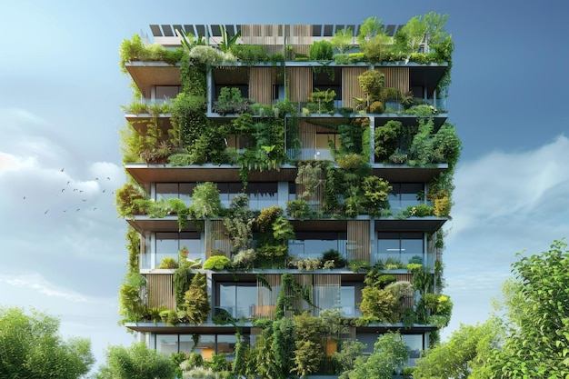 Eco-vriendelijk modern gebouw met groene gevels Gedetailleerd uitzicht op een moderne duurzame gebouwfasade bedekt met weelderig groen die stedelijke ecologie en groene architectuur toont